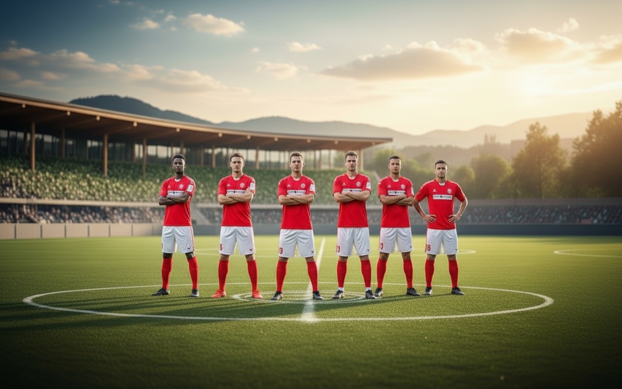 Sechs Fußballspieler in roten Trikots stehen mit verschränkten Armen im Mittelkreis.