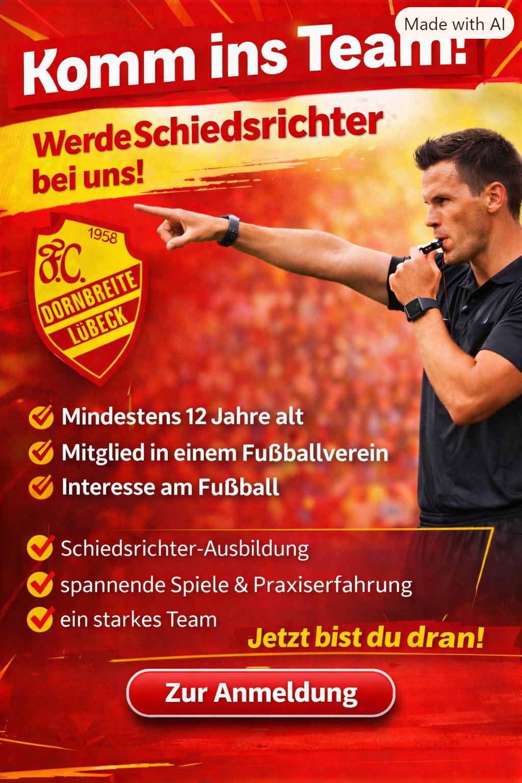 Komm ins Team! Werde Schiedsrichter beim FC Dornbreite. Zur Anmeldung.
